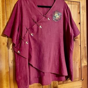 Chic Linen Maroon Women's Blouse with Hand Embroidered Floral Detail